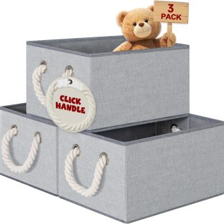 Open Storage Bins with Cotton Rope Handles - 3 Packs, XL, GREY.